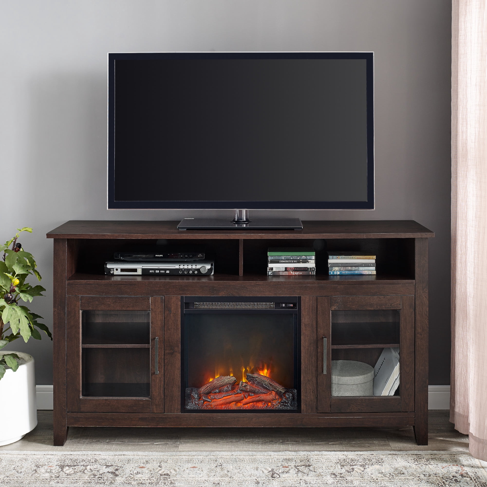 Woven Paths Highboy 2 Door Electric Fireplace TV Stand for TVs up to 65", Brown