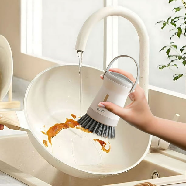 Cepillo para fregar con dispensador de líquido de cocina | Cepillo lavavajillas de prensa con compartimento rellenable para ollas, sartenes y encimeras