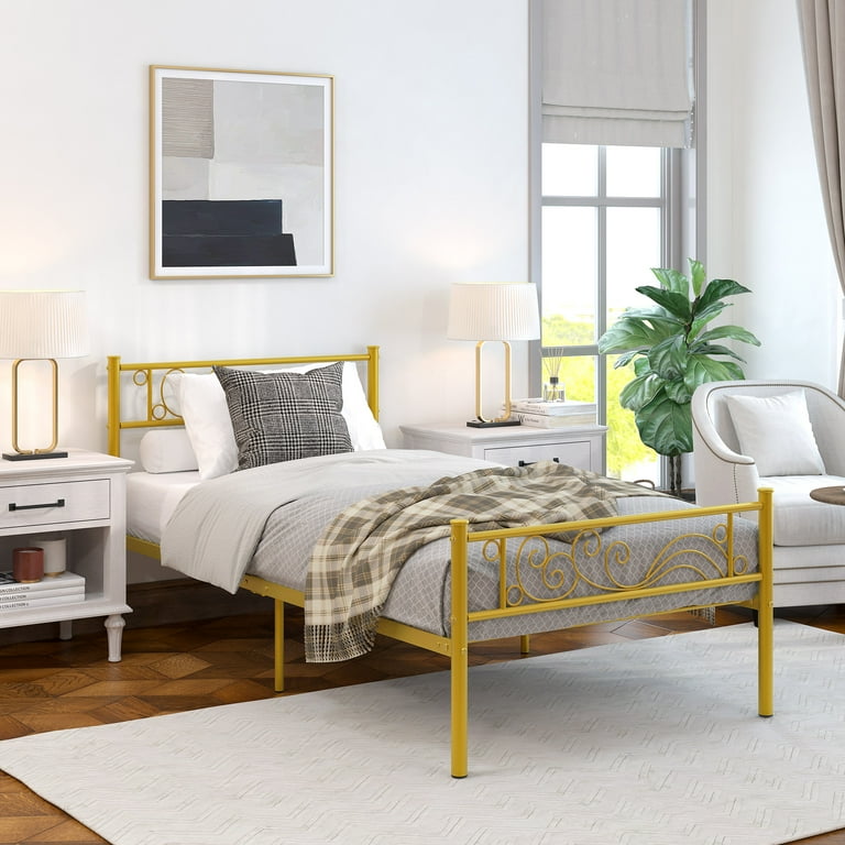 Yoneston Luxury Gold Metal Platform Bed Frame Twin Size Bed Frame with Headboard Footboard Kids Bedroom Furniture
