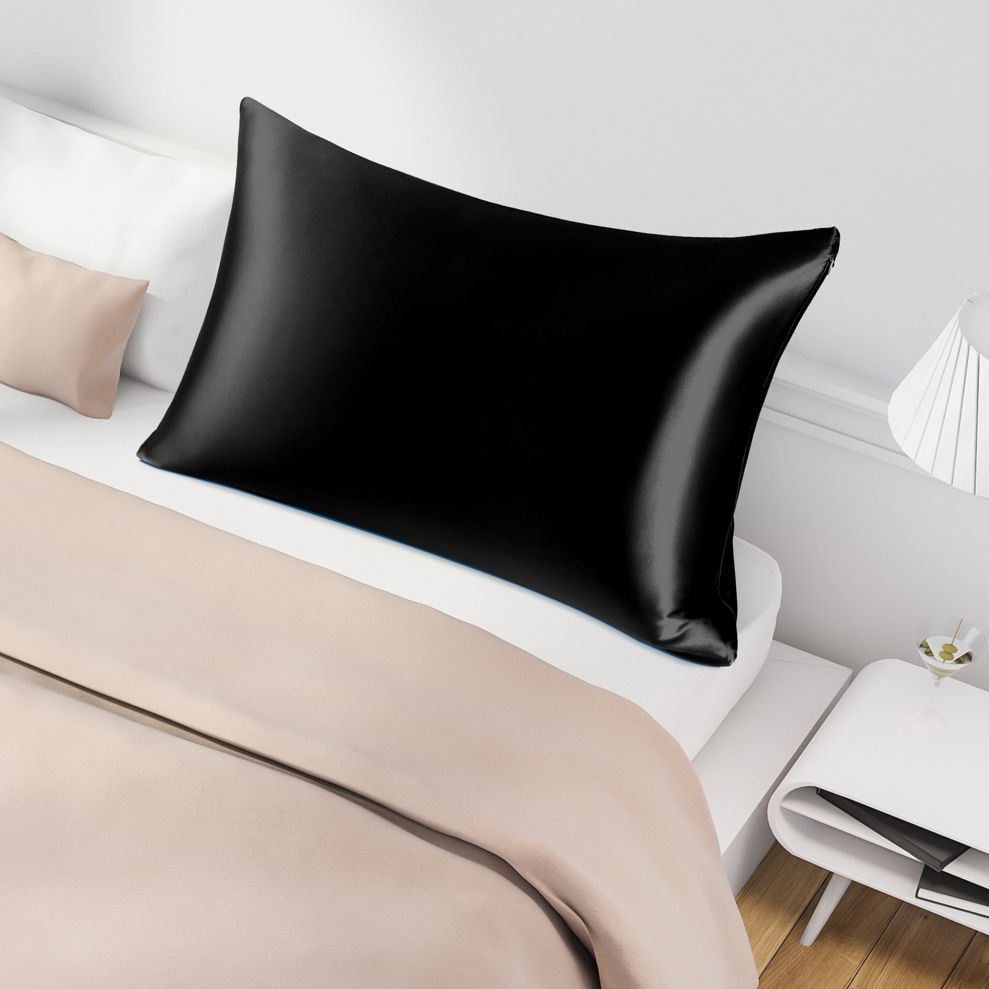 PiccoCasa 1 Pack 19mm Silk Pillowcase for Hair and Skin with Zipper Standard Black