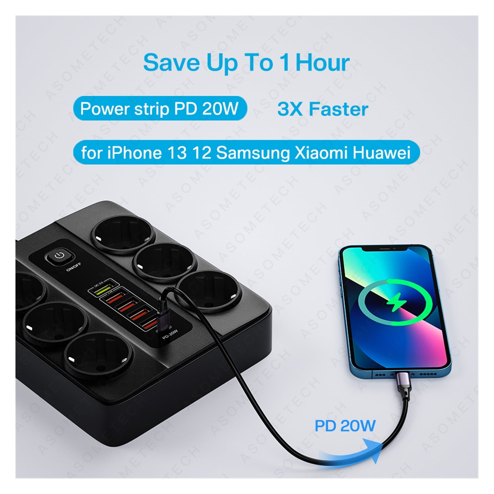 3000W 6 AC Outlets Power Strip 6 USB Charging Station Extension Cord 2M PD 20W QC3.0 USB Port Multi Outlet Charger Power Socket ,Space-Saving