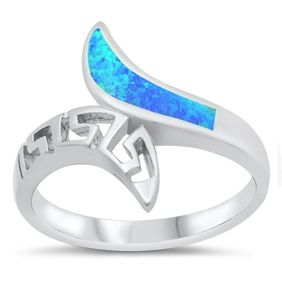 CHOOSE YOUR COLOR Elegant Greek Key Wrap Ring Blue Simulated Opal .925 Sterling Silver Band CZ Female Size 9