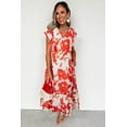 thumbnail image 3 of Elegant Red Floral Print Trimmed V Neck Ruffle Sleeve Long Dress for Women | [ZhiHiMeRi] | (US 12-14)L, 3 of 12