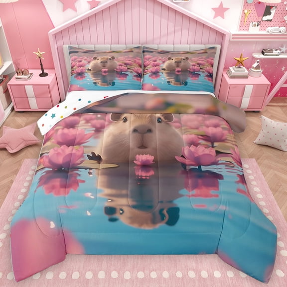 Homewish Kawaii Capybara Bedding Comforter Set,Lotus Flower Floral Twin Comforter Sets,Pink Brown Blue Bedding Set For Girls Teens,Microfiber Bedroom Decor Reversible,2-Piece