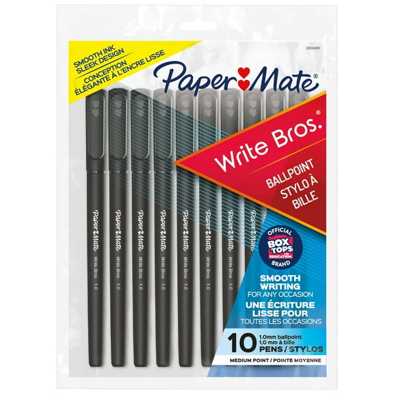 Paper Mate Ballpoint Pens, Write Bros. Black Ink Pens, Medium Point (1.0mm), 10 Count