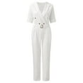 thumbnail image 4 of Fsqjgq White Jumpsuit for Women Elegant Party Short Sleeve V Neck Double Suit Solid Office Outfits Straight Leg Romper with Belts(White,Xl), 4 of 6