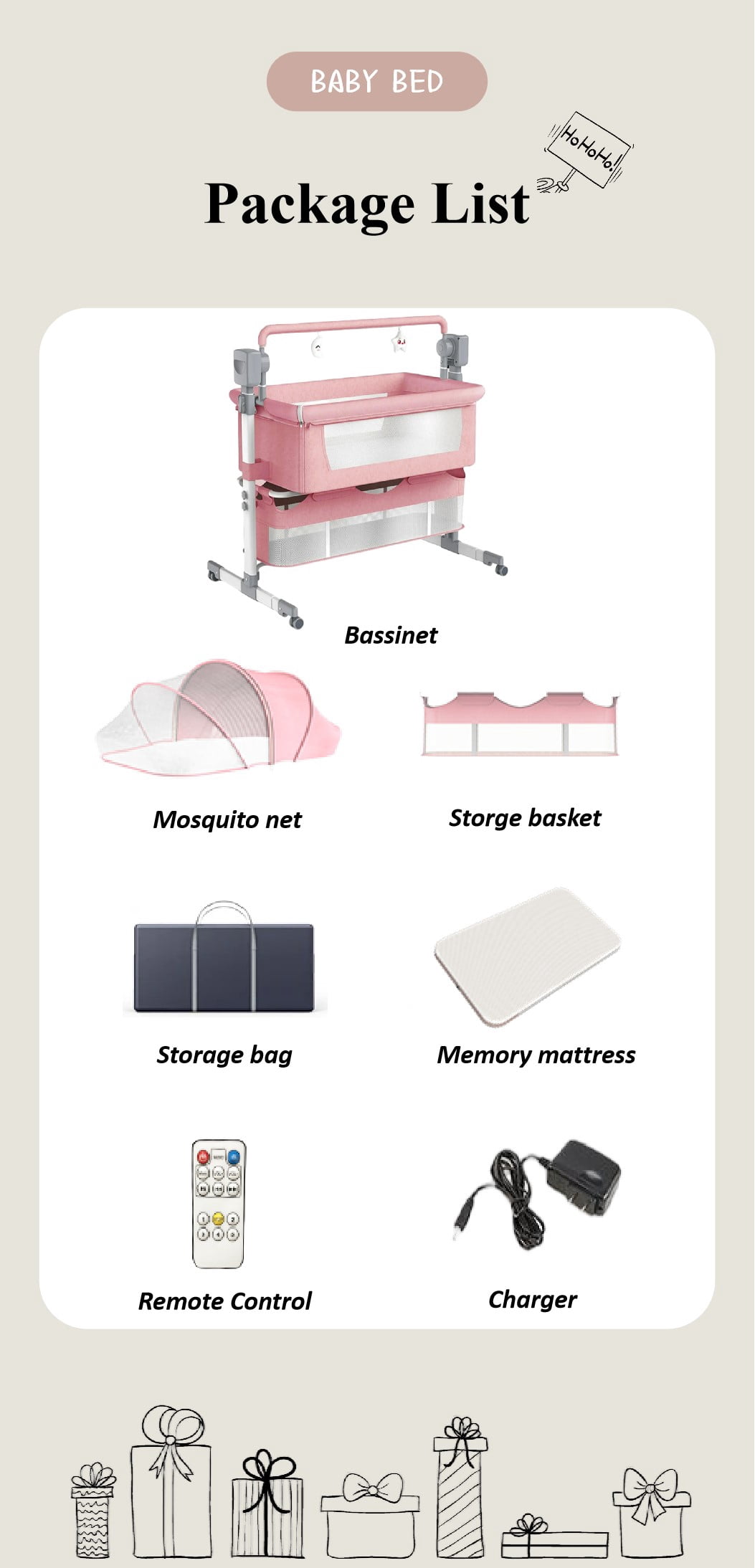 Sunny Babe Infant Bassinet Bedside Sleeper,Folding Baby Crib with Remote Control,Bluetooth Music,for Babies to Toddlers,Gray