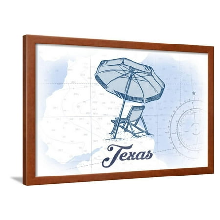 Texas - Beach Chair and Umbrella - Blue - Coastal Icon Framed Print Wall Art By Lantern