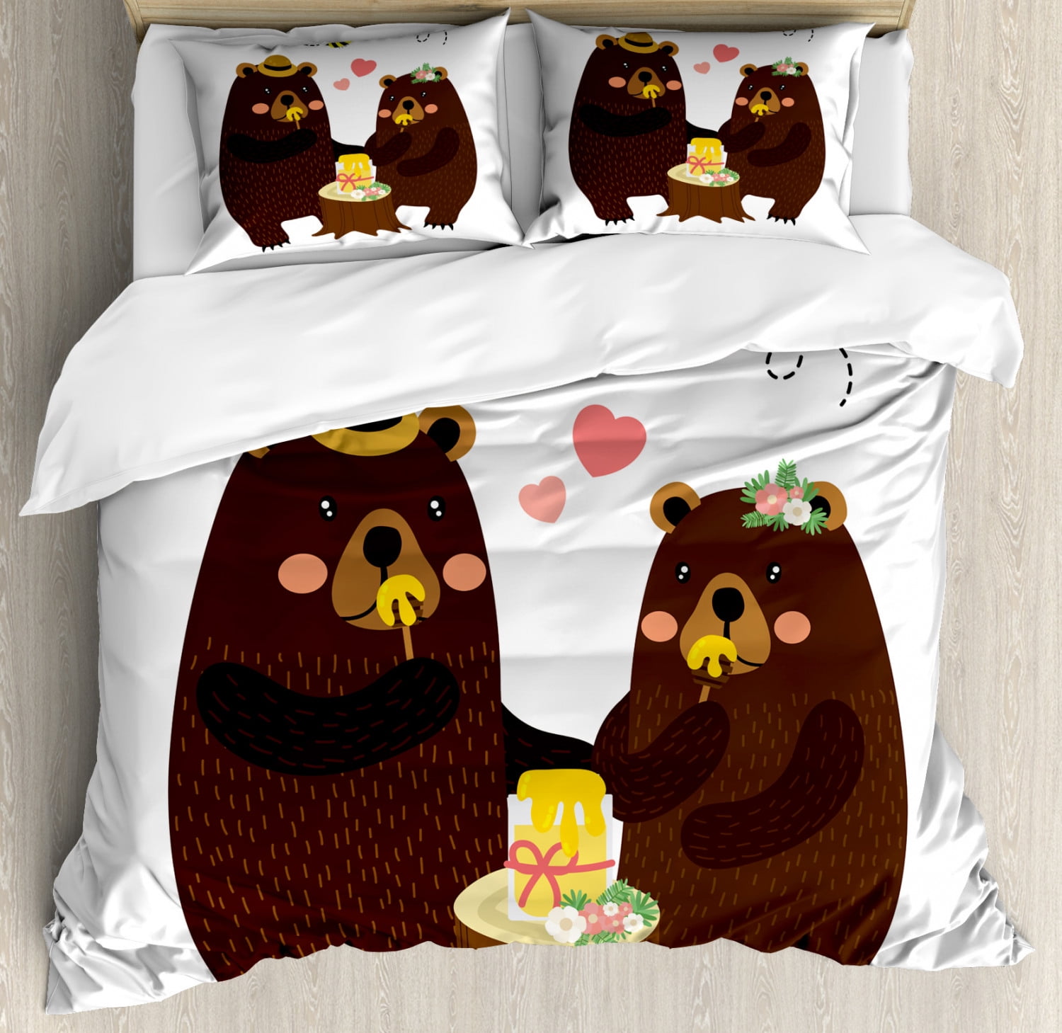 Bear Duvet Cover Set King Size, Forest Party with Grizzly Bears and