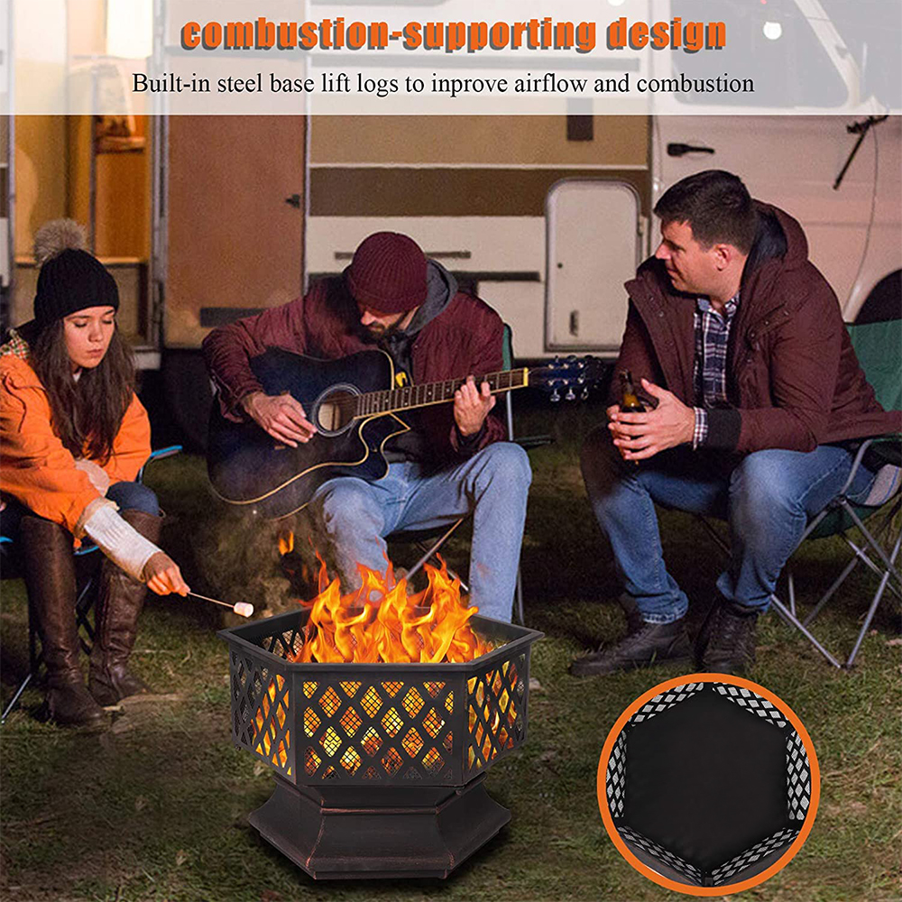 24" Fire Pit with Flame-Retardant Lid, Hex-Shaped Steel Outdoor Metal Fire Pit Decoration Accent, Premium Fire Pit with Poker, Wood Burning Fireplace Ice Pit for Backyard Patio Garden BBQ Grill, S7035 - image 3 of 8