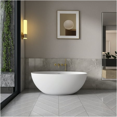 JERFIT 61" Freestanding Bathtub, Modern Matte White Stone Resin Soaking Tub for Small Bathrooms