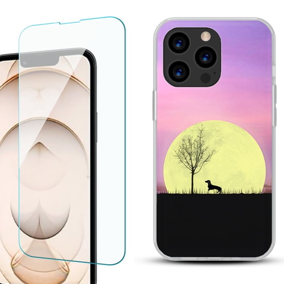 Slim-Fit Anti-Scratch Gel TPU Phone Case for iPhone 13 Pro, with Tempered Glass Screen Protector, by OneToughShield ® - Moonlight Dachshund