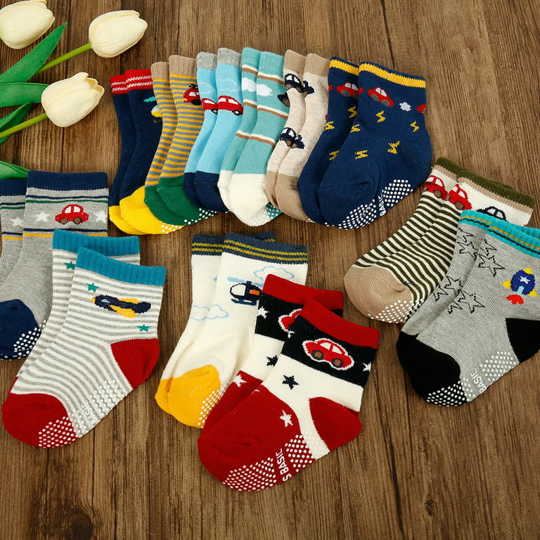 HOTBEST 12 Pairs Baby Anti-Skid Socks Toddler Boy Cute Cotton Ankle Socks  with Grips Multicoloured 0-5 Years