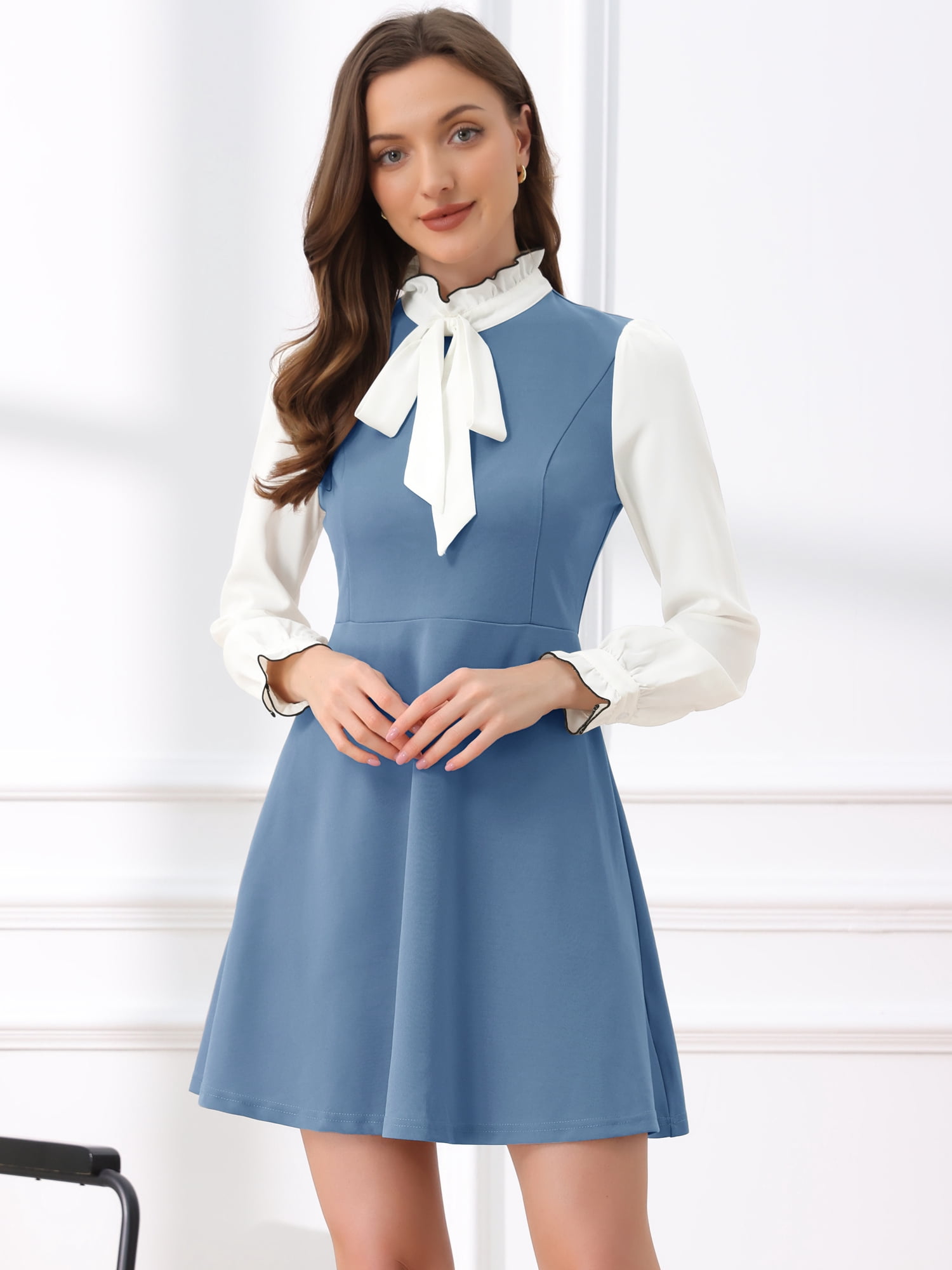 DARING DIVA Women's Tie Neck Vintage Long Sleeve Contrast Color Dress L Blue Gray