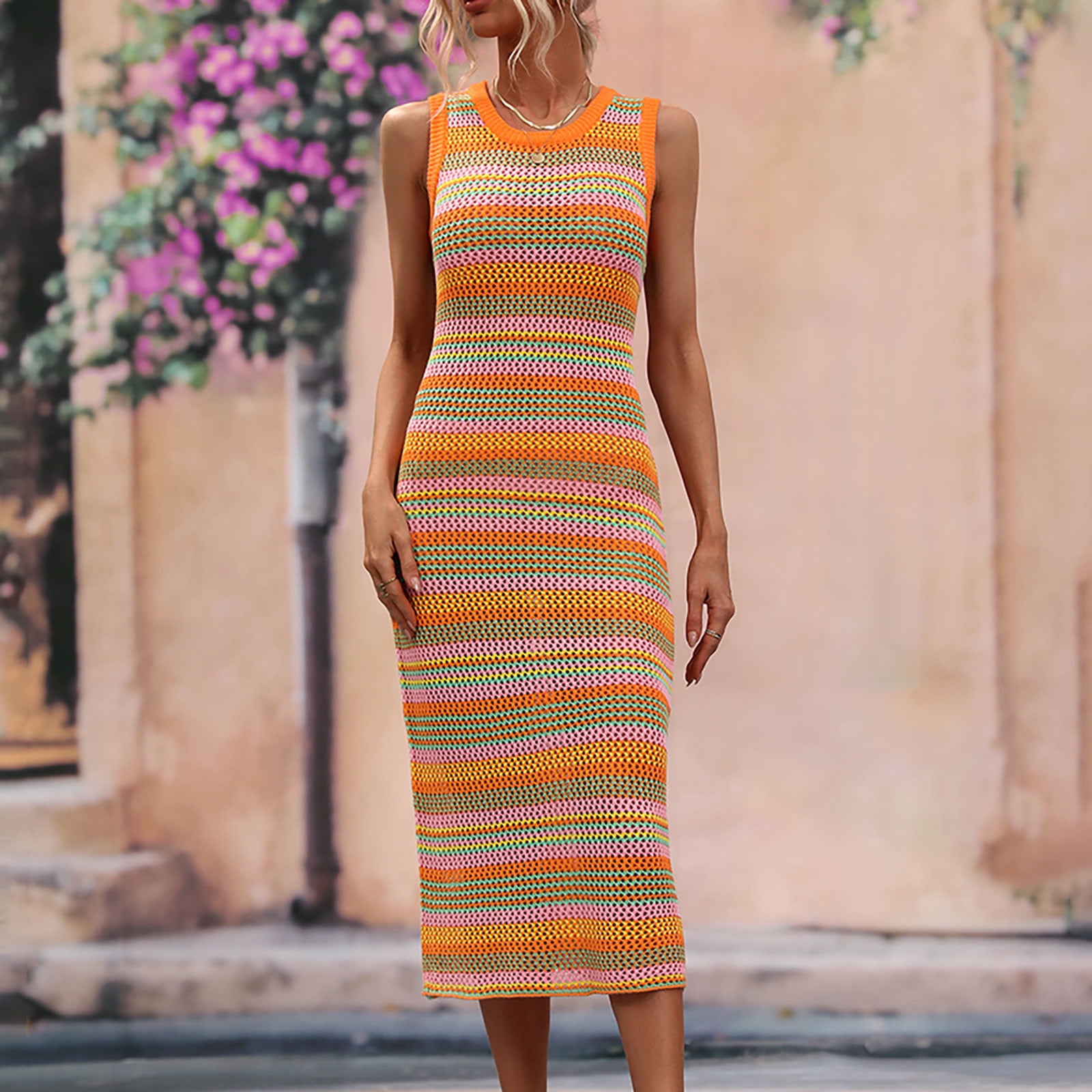 Crochet Dresses for Women Sexy Hollow Out Knitted Beach Bikini Cover Ups Sleeveless Crew Neck Trendy Stripe Printed Slim Fit Cover-Up Tank Midi Dress
