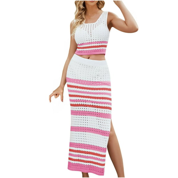 cfhntfmh Women 2 Piece Outfits Crochet Hollow out Skirt Set Slim Crop Top and High Waist Split Maxi Skirt Knit Beach Set