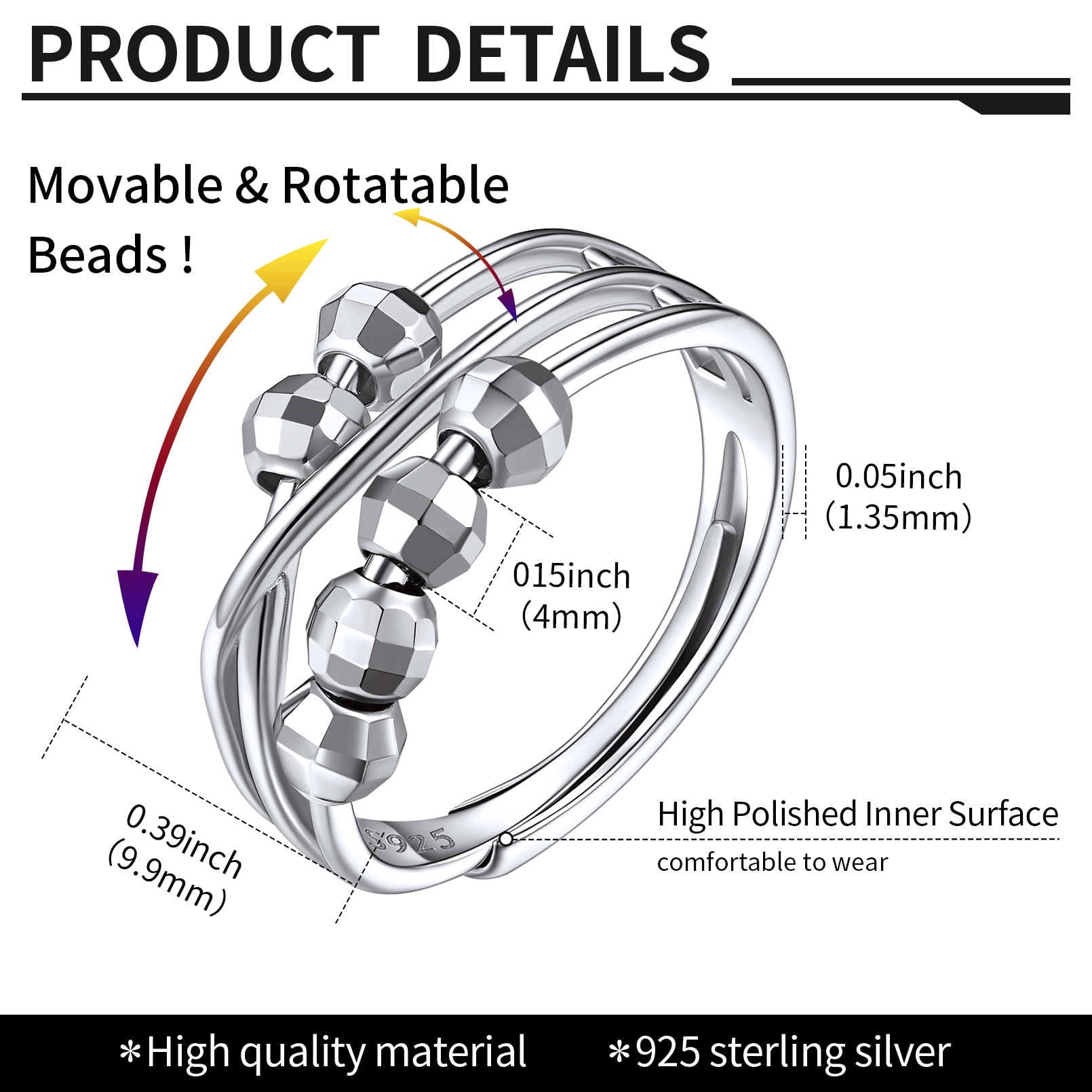 ChicSilver Sterling Silver Open Spinner Ring Fidget Anxiety Rings with Beads Adjustable Stress Relief Rings Finger Ring Gift for Christmas
