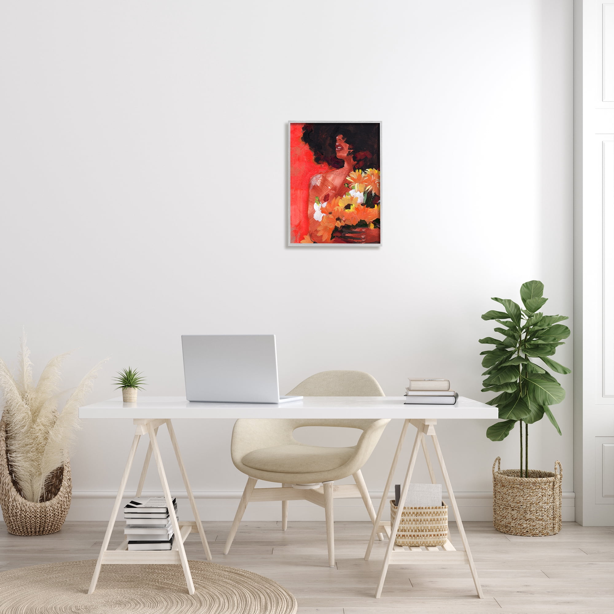 Stupell Industries African Woman Summer Sunflower Bouquet Red Yellow Botanical & Floral Painting Gray Framed Art Print Wall Art, 16 x 20