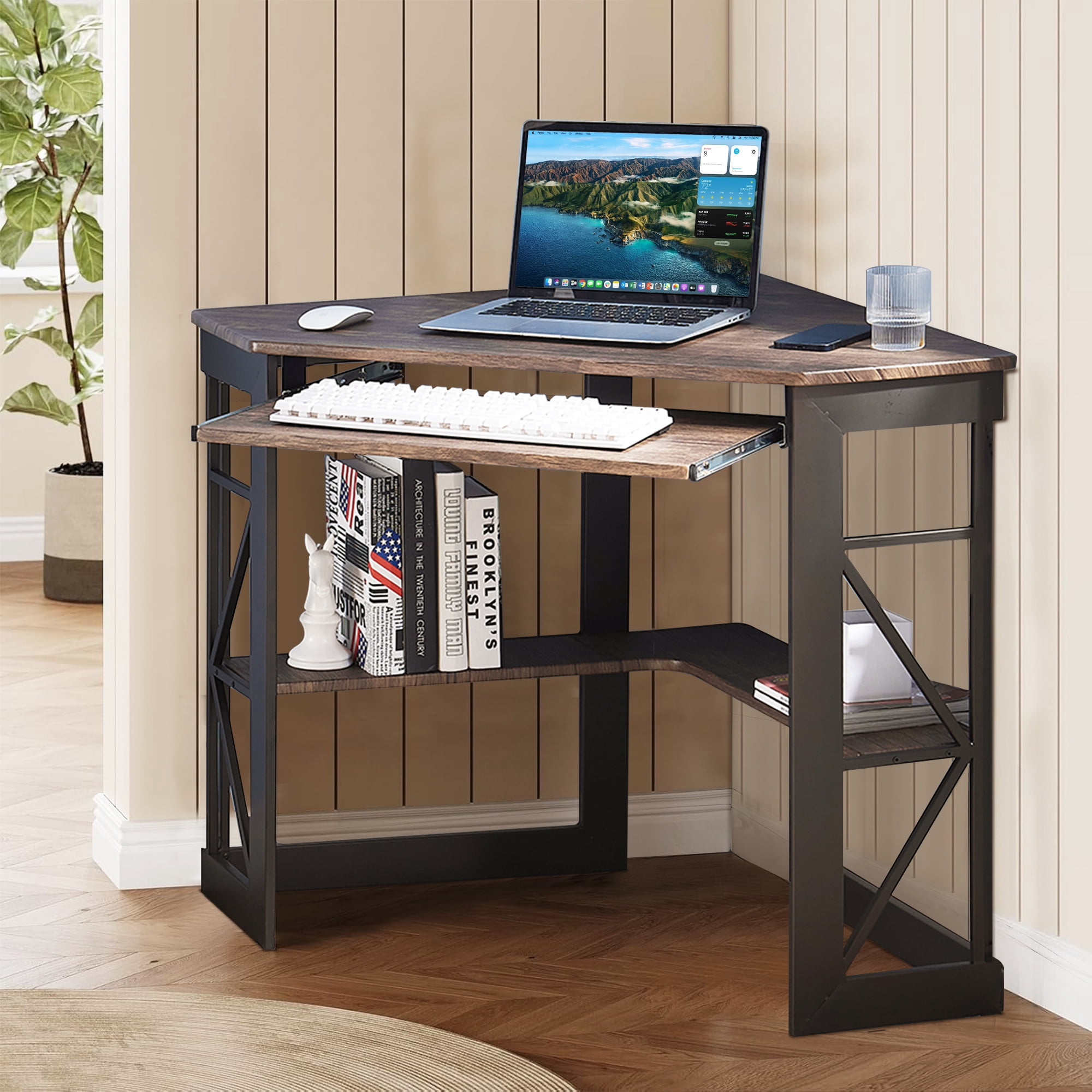 VECELO Corner Computer Desk with Keyboard Tray and Storage Shelf, Student Study Writting Table Workstation for College Dorm Apartment Home Office, Dark Brwon (90 Degrees)