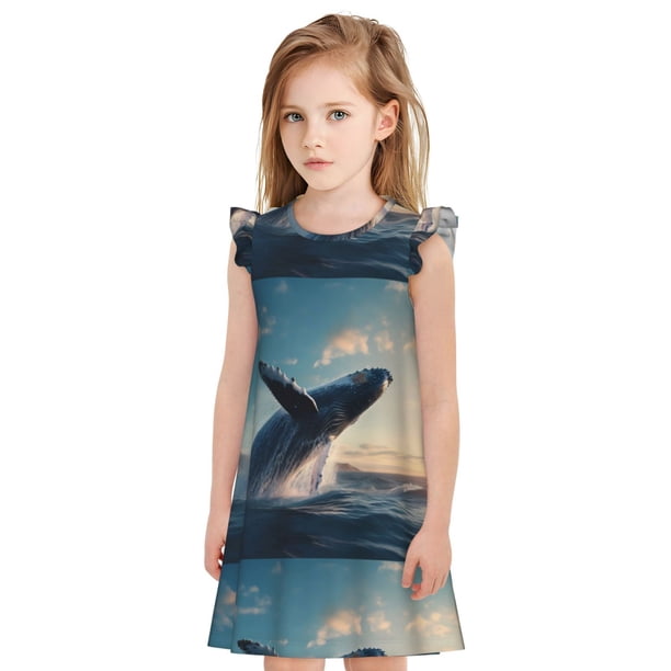 Balery Dancing Whale Camisón de princesa para niñas, pijama de algodón con mangas abullonadas, suave y bonito.-X-Large