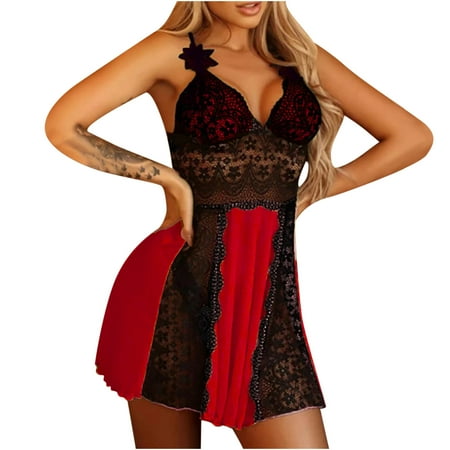 HomeGardon Clearance Plus Size Lingerie for Women Patchwork Pattern Pajamas Sexy V Neck babydoll Chemises Lace Mesh Nightgown S-XXL