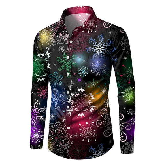 Mens Polo T-Shirt Christmas Lapel Color Blocked Long Sleeve Snowflake Printed Button Down Mens Casual Shirts,Purple,3XL