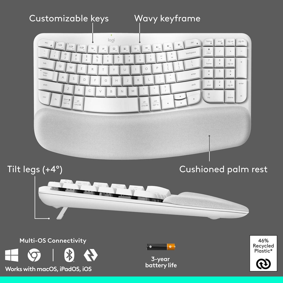 Logitech Wave Keys and Lift Ergonomic Wireless Keyboard and Mouse Combo, Off-White