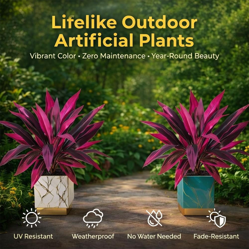 Large Realistic Artificial Boston Fern & Dragon's Blood Tree Artificial Turf UV Resistant Red Cordyline Ti Plants Red/Pink Vibrant Purple Leaves Faux Fake Ferns Shrubs Outdoor Garden Decor
