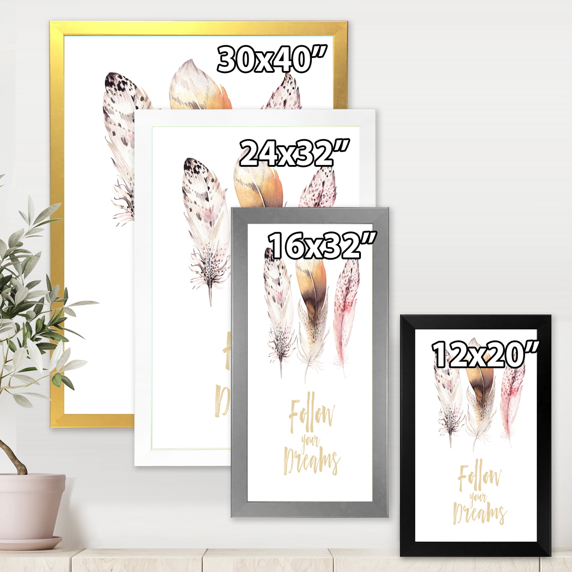 Designart 'Multicolored Boho Art Feathers Follow Your Dreams' Bohemian & Eclectic Framed Art Print