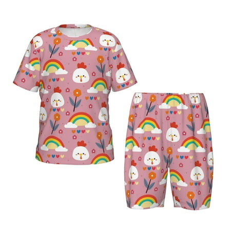 Luyuia Cartoon Chicken Print Girls  2-Piece Tie-Dye Pajama Set  Cute Summer Loungewear with Shirt and Tank Shorts Nightwear-Medium