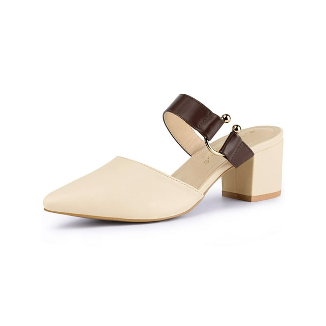 BLISSFUL STEP Escarpins Mules Habillés à Talon Bloc à Bout Pointu pour Femmes Beige Rose 7