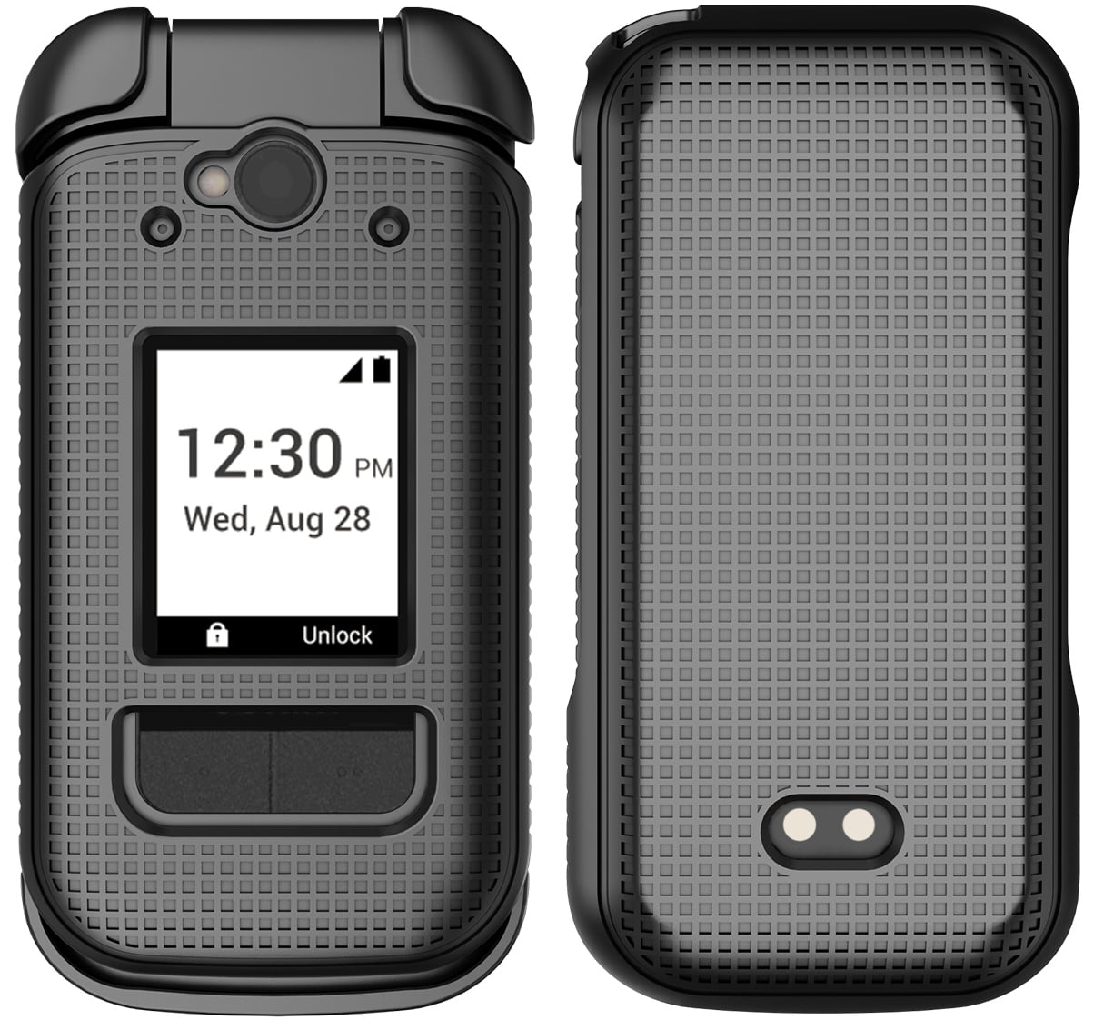 Nakedcellphone Case and Belt Clip Combo for Sonim XP3plus 5G Flip Phone (XP3 Plus X320, 2025), Textured Hard Cover and Holster/Holder - Black Tread