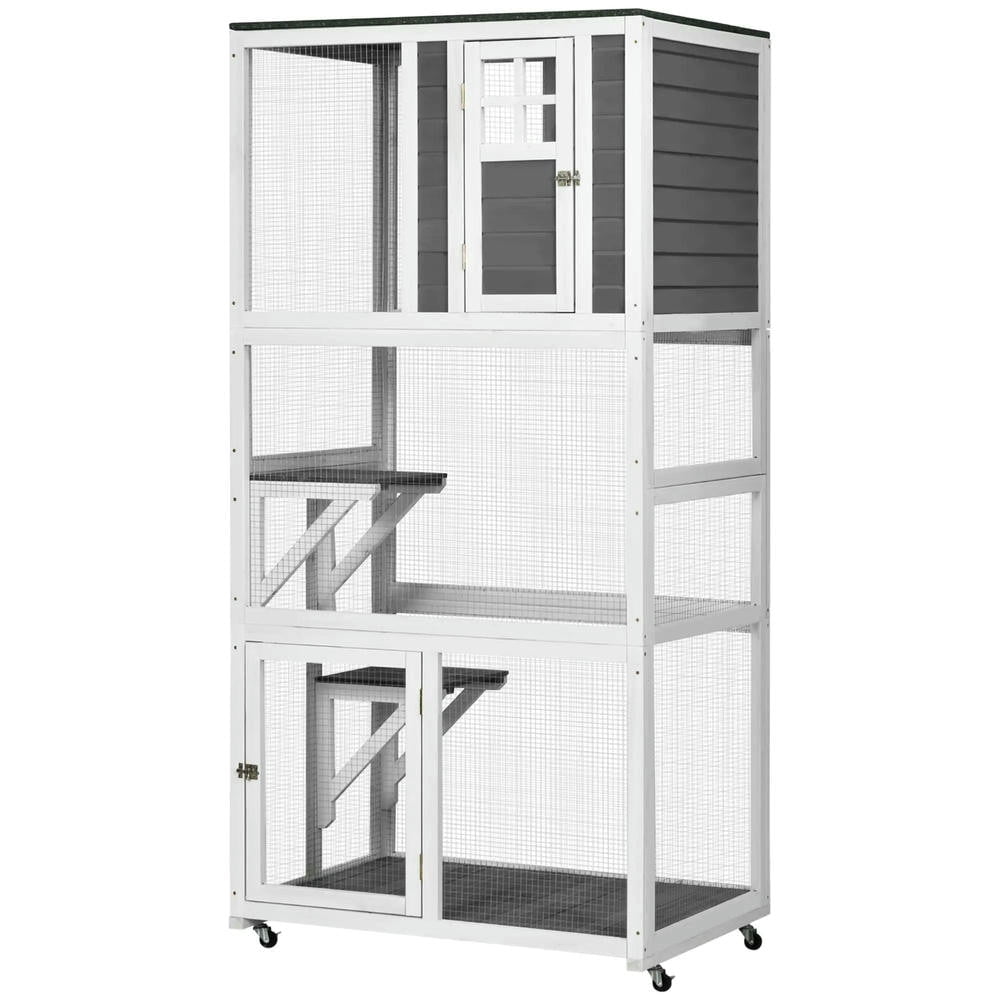 GVN Cat Catio Enclosure, Cat Cage House,74" Wooden Catio Outdoor Cat House Weatherproof & Wheeled, Dark Gray