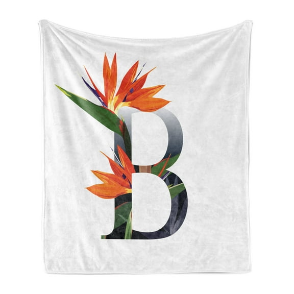 Letter B Soft Flannel Fleece Throw Blanket, Bird of Paradise Typography Flower Alphabet Character Font Design Print, Cozy Plush for Indoor and Outdoor Use, 70" x 90", Orange Green Grey, by Ambesonne