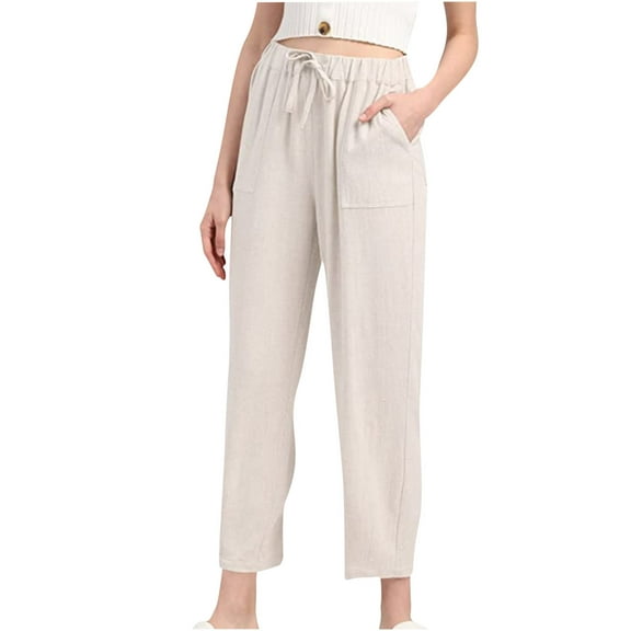 Gaecuw Linen Pants for Women Wide Legged Pants Regular Fit Long Pants Drawstring Lounge Trousers Sweatpants Loose Baggy Pants Mid Waisted Linen Summer Ankle Length Workout Pants Solid Athletic Pants