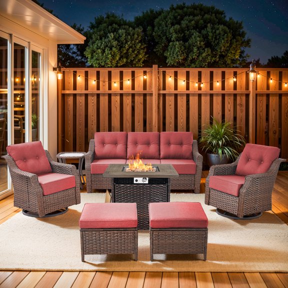 Gymojoy 7 Piece Outdoor Patio Furniture Set with Fire Pit Table,Rattan Sofa Swivel Glider Conversation Seating Group with 6 inch Thick Cushions