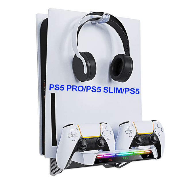 Kit de montaje en pared para PS5 (todas las versiones) con estación de carga para consolas PS5/PS5 Slim/PS5 Pro, luz LED RGB, soporte de pared metálico estable con indicador LED