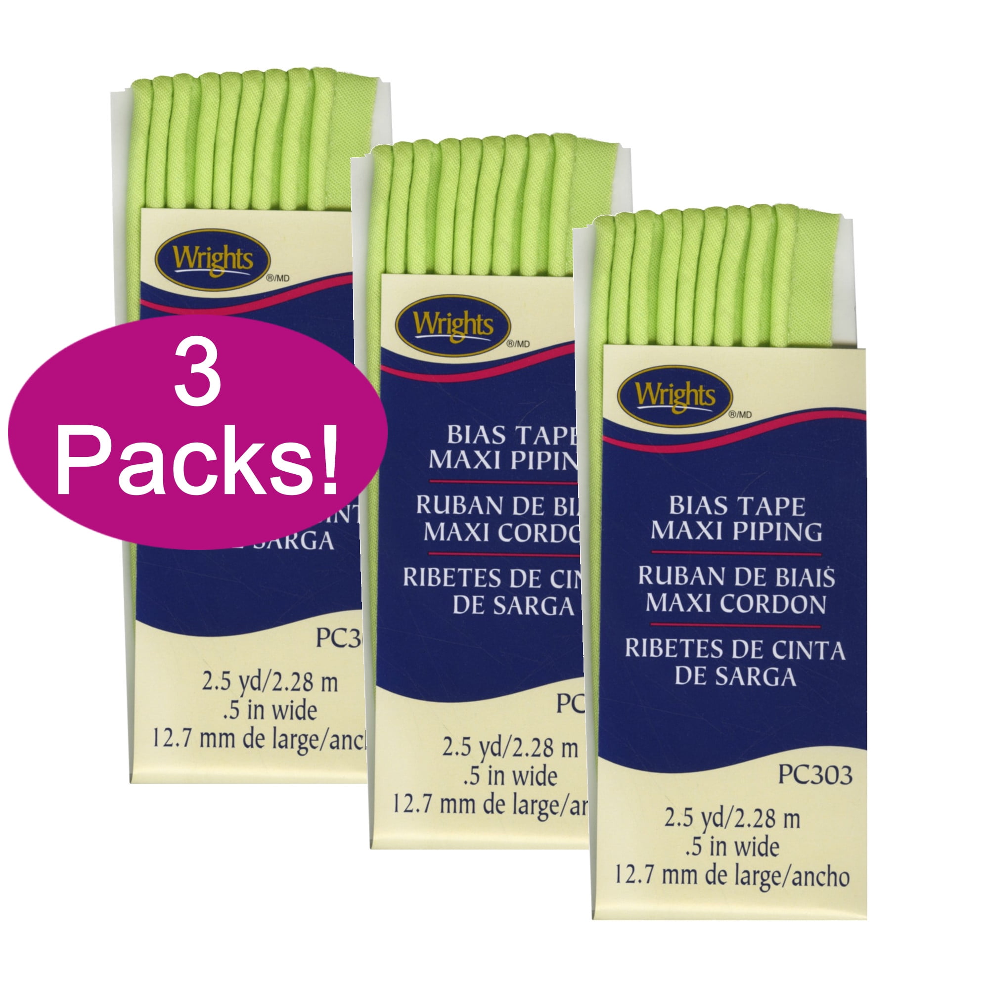Wrights 117303628 Maxi Piping Bias Tape, Lime Green, 0.5 in x 2.5 yd