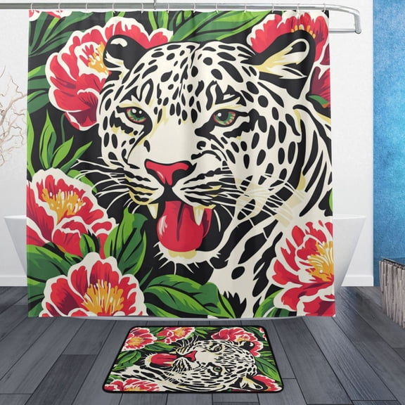 BZSMCE Shower Curtain and Bath Accessory Set,Leopard Among Blooms Pattern