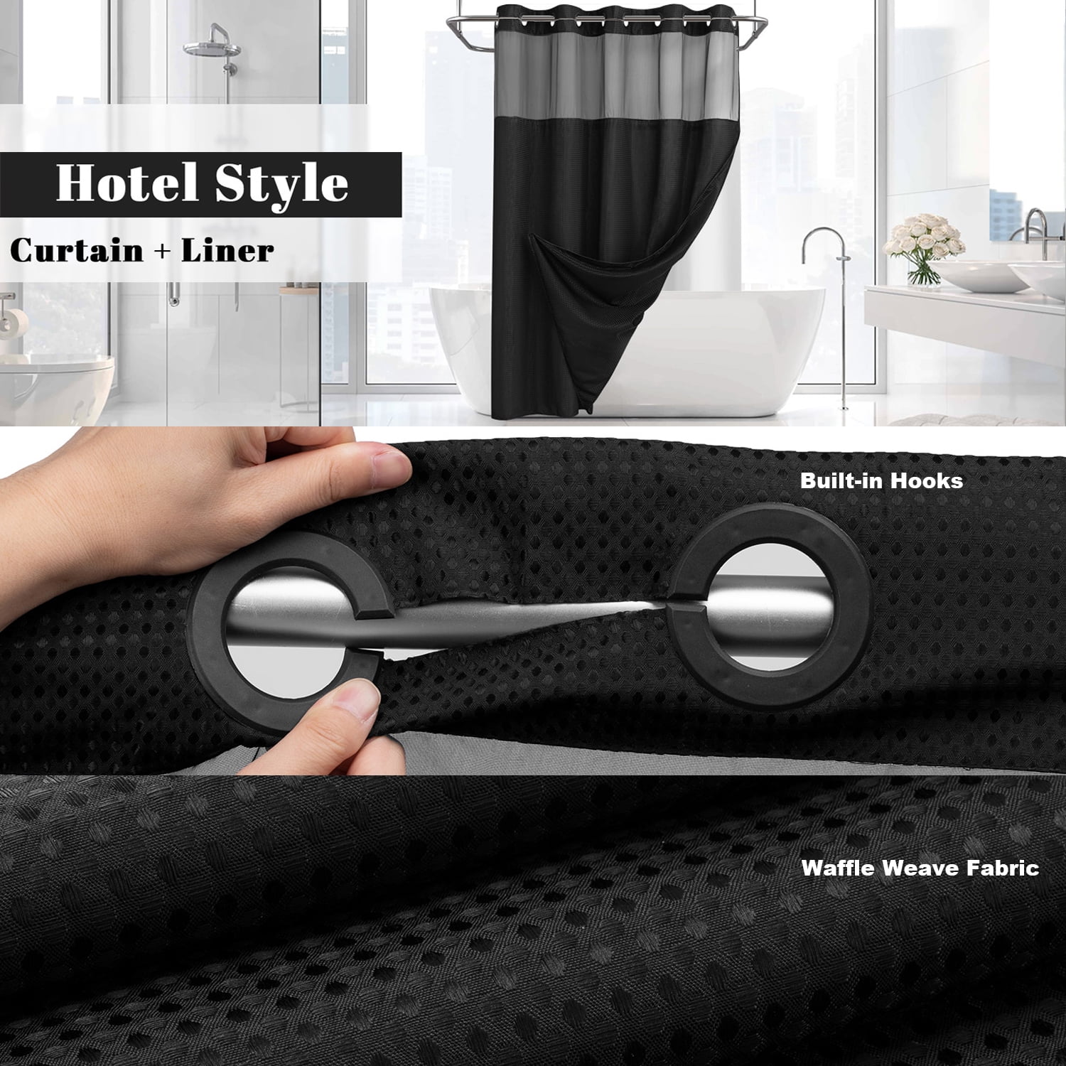 DawnJoanHD Waffle Weave No Hook Shower Curtain with Snap-in Liner, Black Polyester Fabric with See-Through Top Window, 72" x 75"
