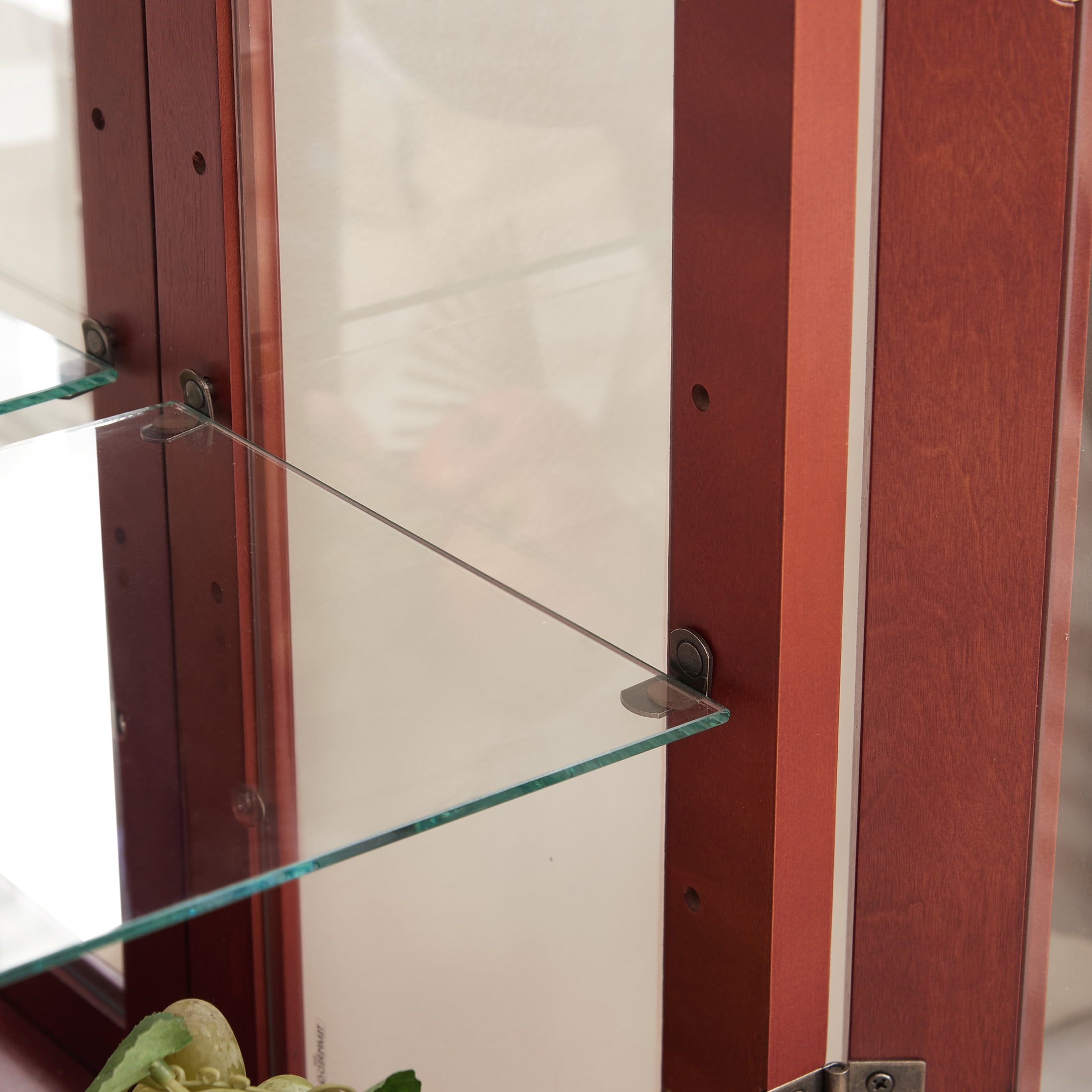 Noble House Fairfax Lighted Curio Cabinet with Mirrored Back, Glass Doors and Adjustable Shelves, Home Office, Cherry