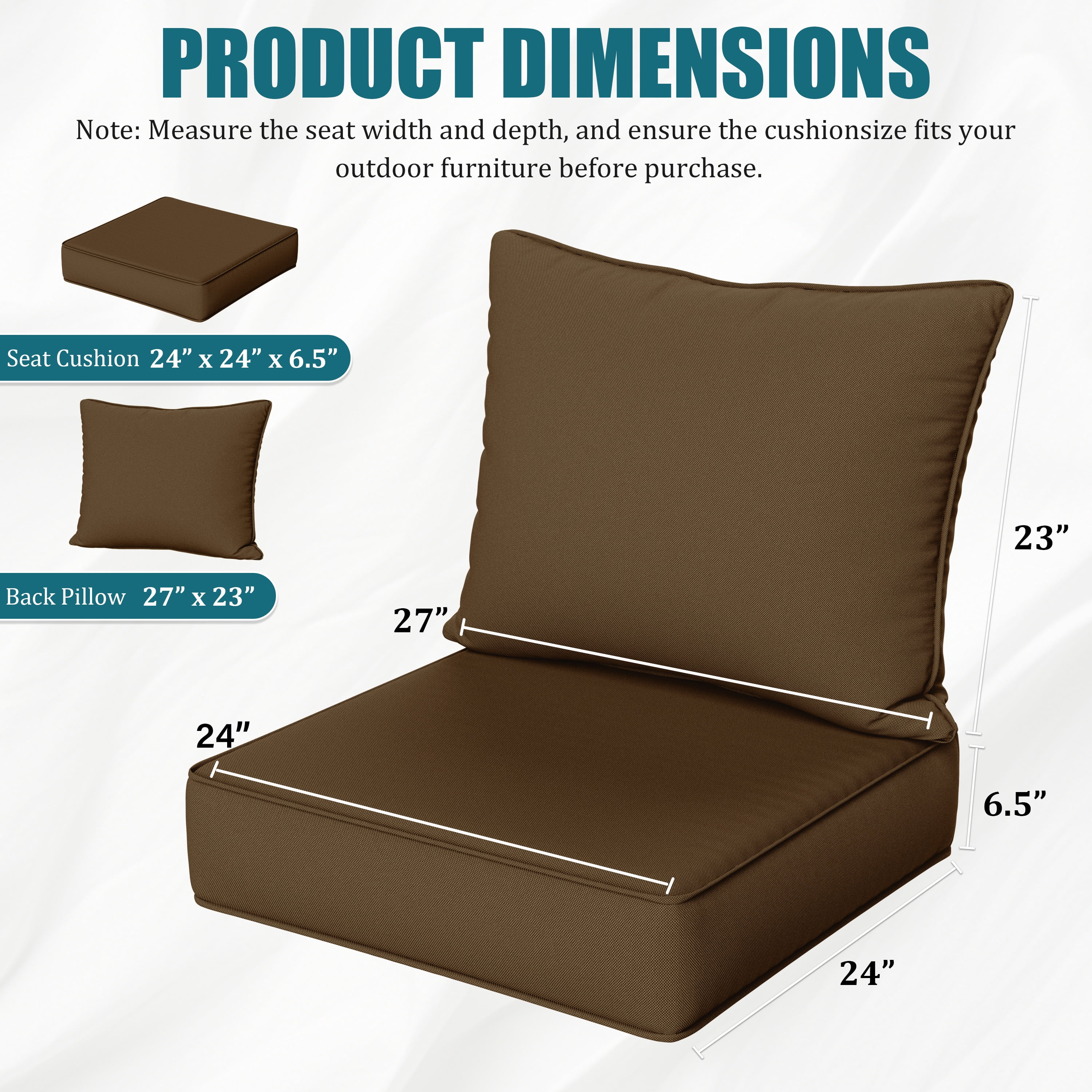 Kimunuk Outdoor Deep Seat Cushion Set, 24" x 24" x 6.5" Patio Furniture Chair Cushions Replacement for Sofa Couch, Chocolate