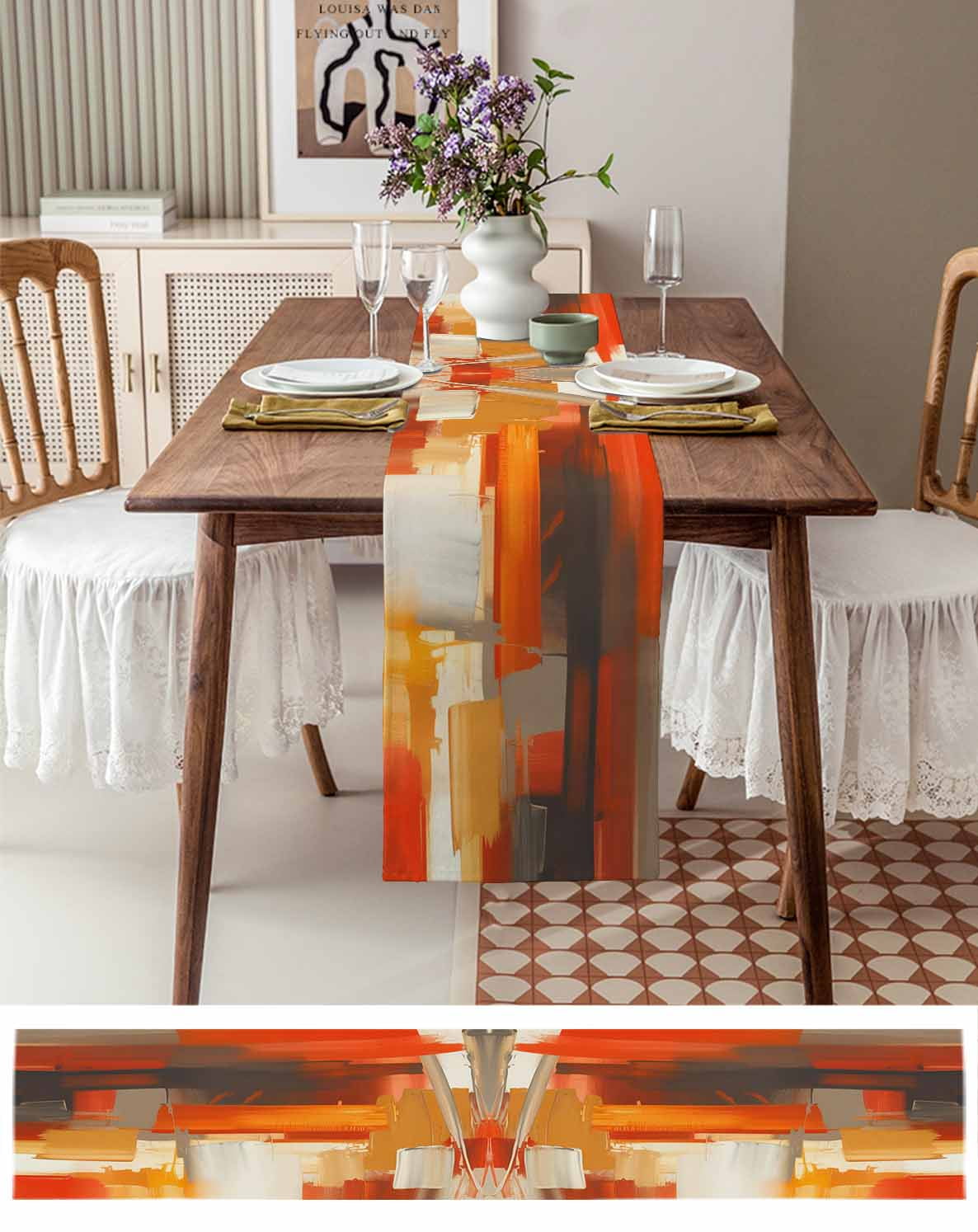 Burnt Orange Brown Table Runner 90 Inches, Farmhouse Ombre Abstract Mottled Art Bed Runner Dresser Scarves Tabletop for Indoor Outdoor Parties/Ceremony/Banquet, 13" x 90"