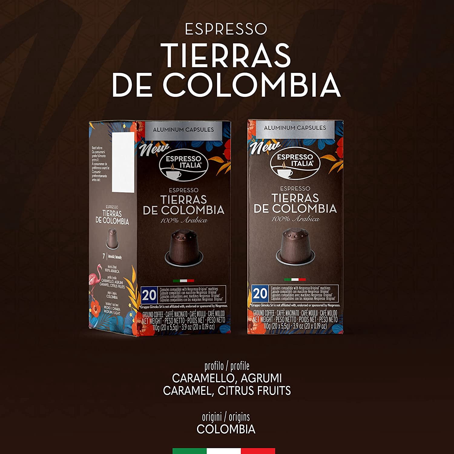 Espresso Italia Capsules, Tierras de Colombia, Aluminum, 100 Count