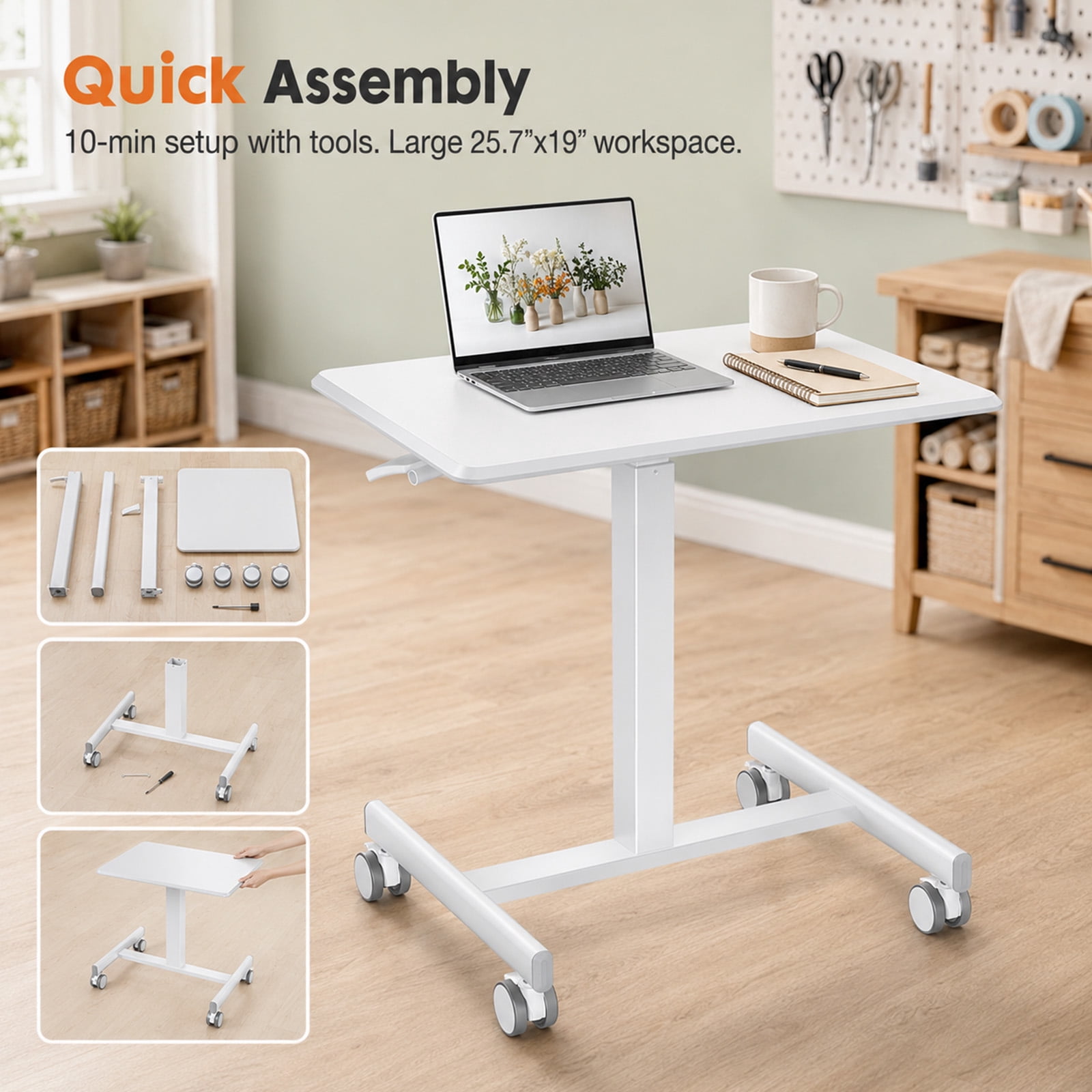 Alvantor Mobile Rolling Desk with Wheels Adjustable Height, Portable Rolling Laptop Desk with 2 Lockable Wheels, Adjustable Height Computer Workstation for Home Office