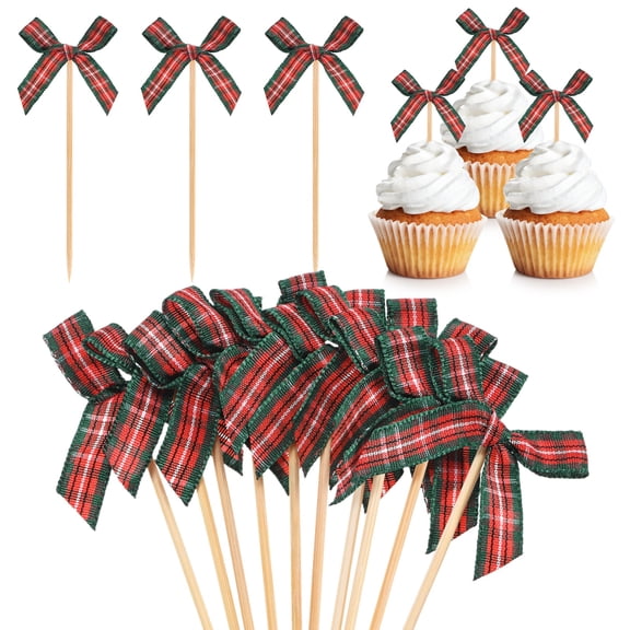 Uxcell 60-Pack Bow Cupcake Toppers, Ribbon Bow Cake Toppers Plaid Bowknot Cupcake Picks Birthday Cake Decor for Bridal Shower [Red and Green]