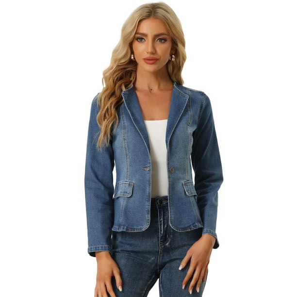 Chaqueta Vaquera con Solapa para Mujer Chaqueta de Mezclilla de Trabajo con un Botón de Manga Larga Azul XS