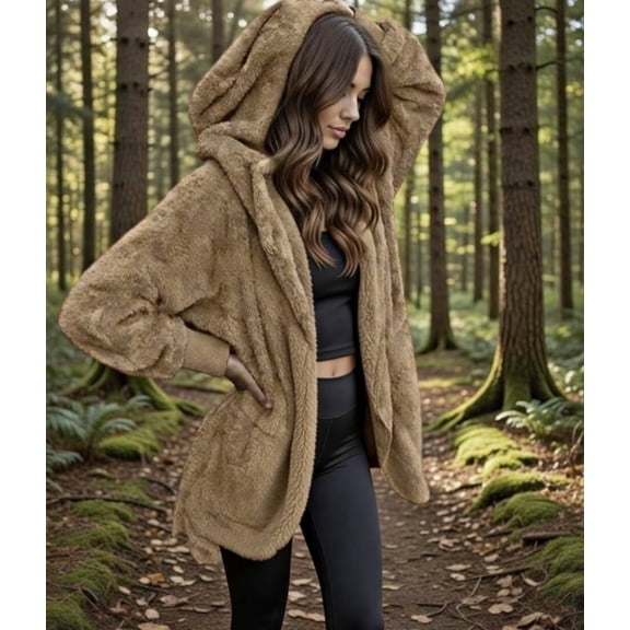 Hooded Open Front Cozy Fleece Blanket Jacket - Women Outtek