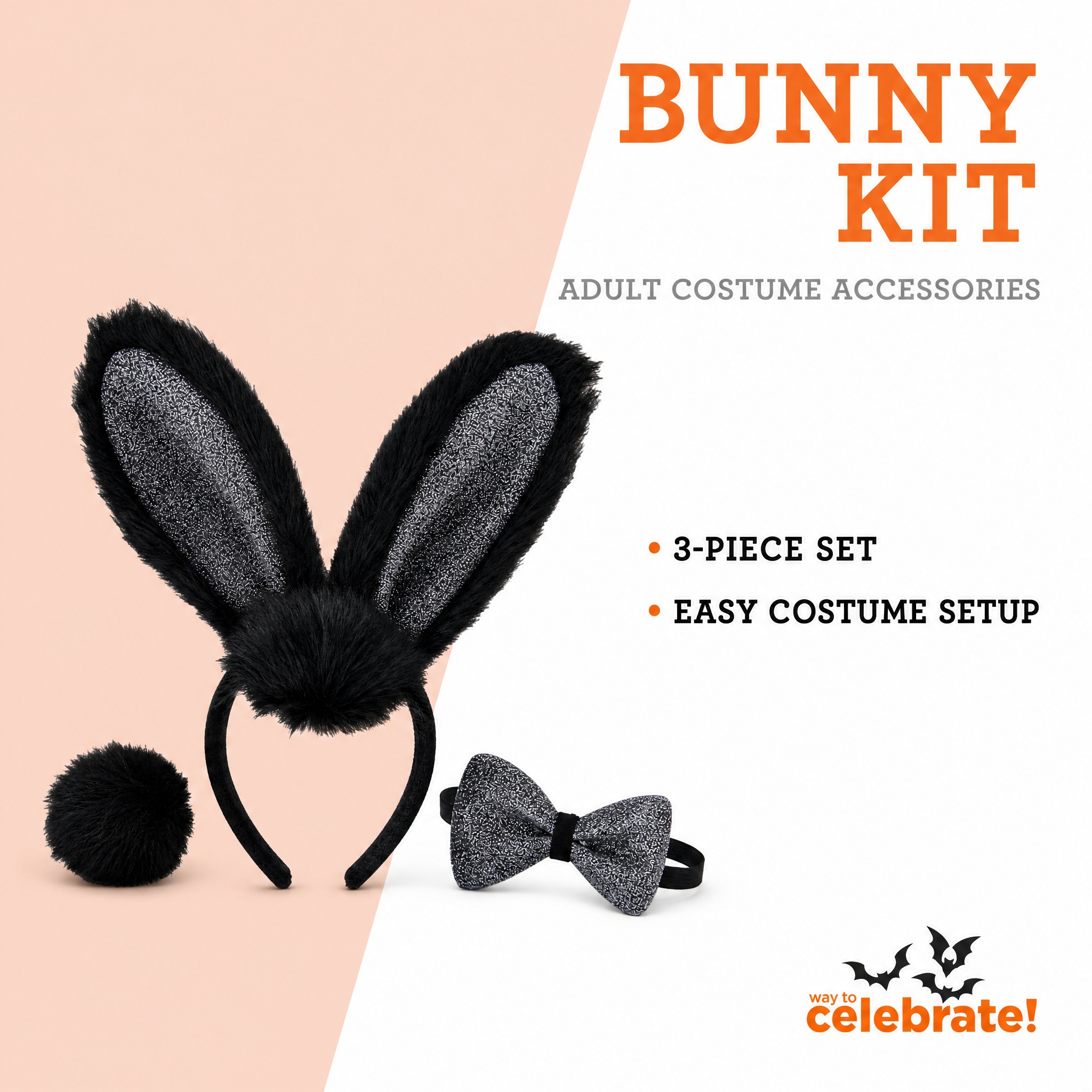 Bunny Costume Accessory Kit for Adults, Black and Gray, 3 Pieces, Halloween by Way To Celebrate