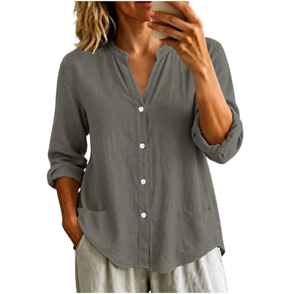 Horkkom Long Sleeve Shirts for Women Soft V Neck Roll up Sleeve Linen Shirts Button Down Casual Tops with Pockets L
